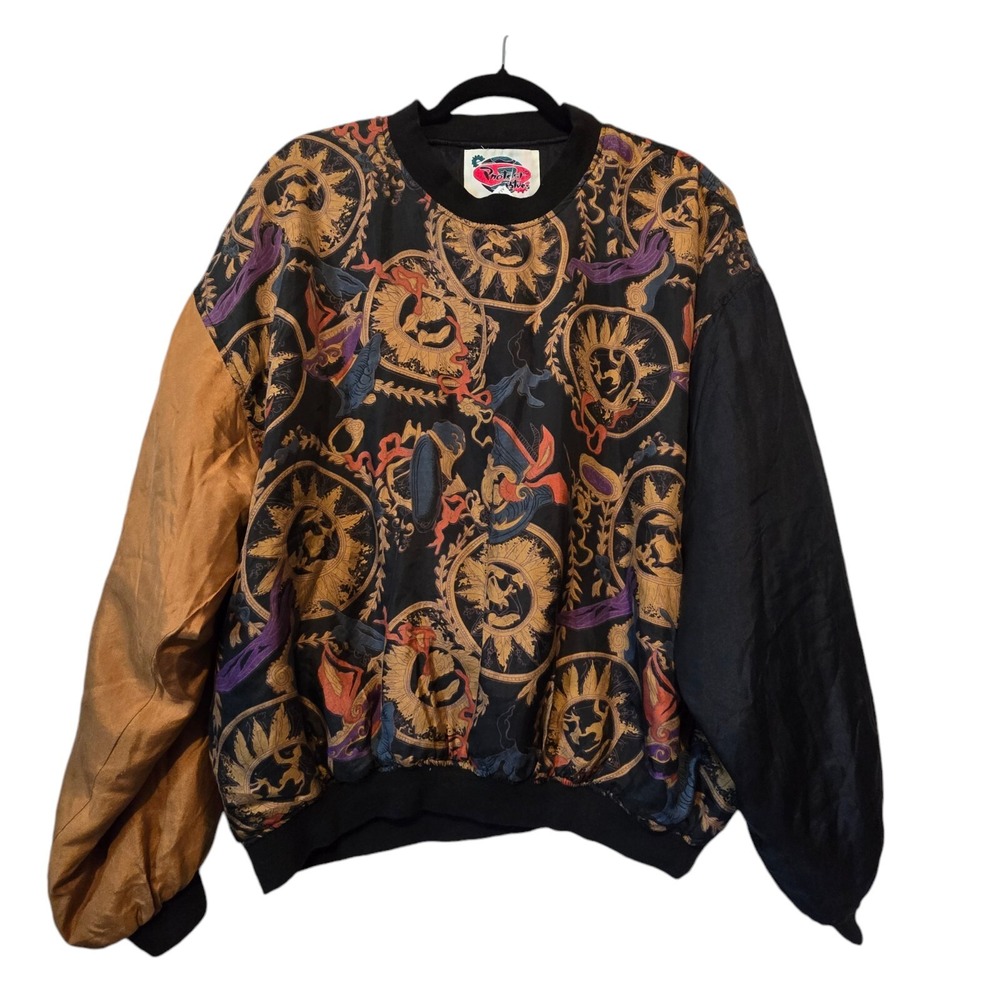 Vtg Protest Pullover MED 80's 90'S Y2K 100% Silk Asian Print Colorblock Sleeves